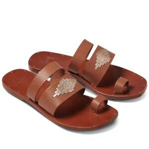 beek Brown Leather Two-Strap Toe-Ring Sandals with Silver Accent